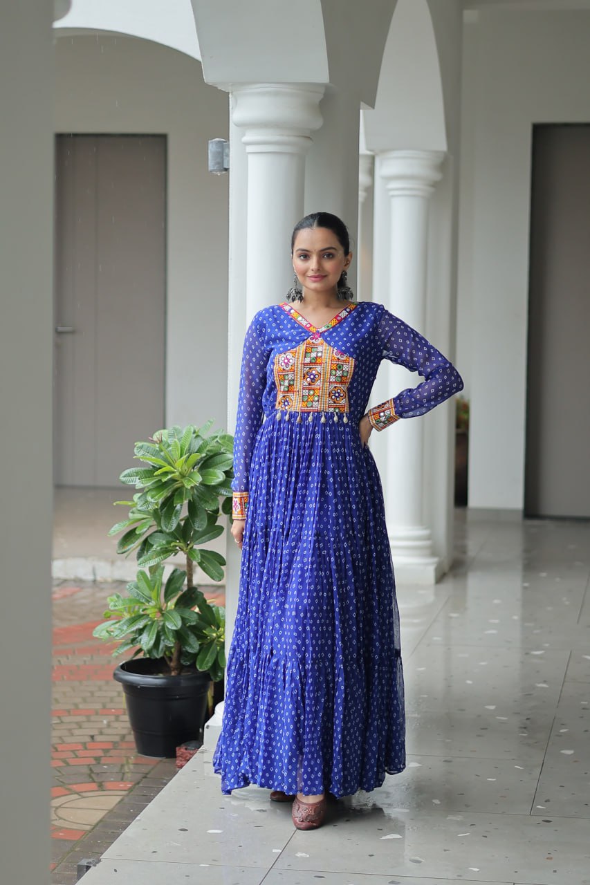 Bandhani Anarkali Dress with Kutchi Mirror Work Yoke
