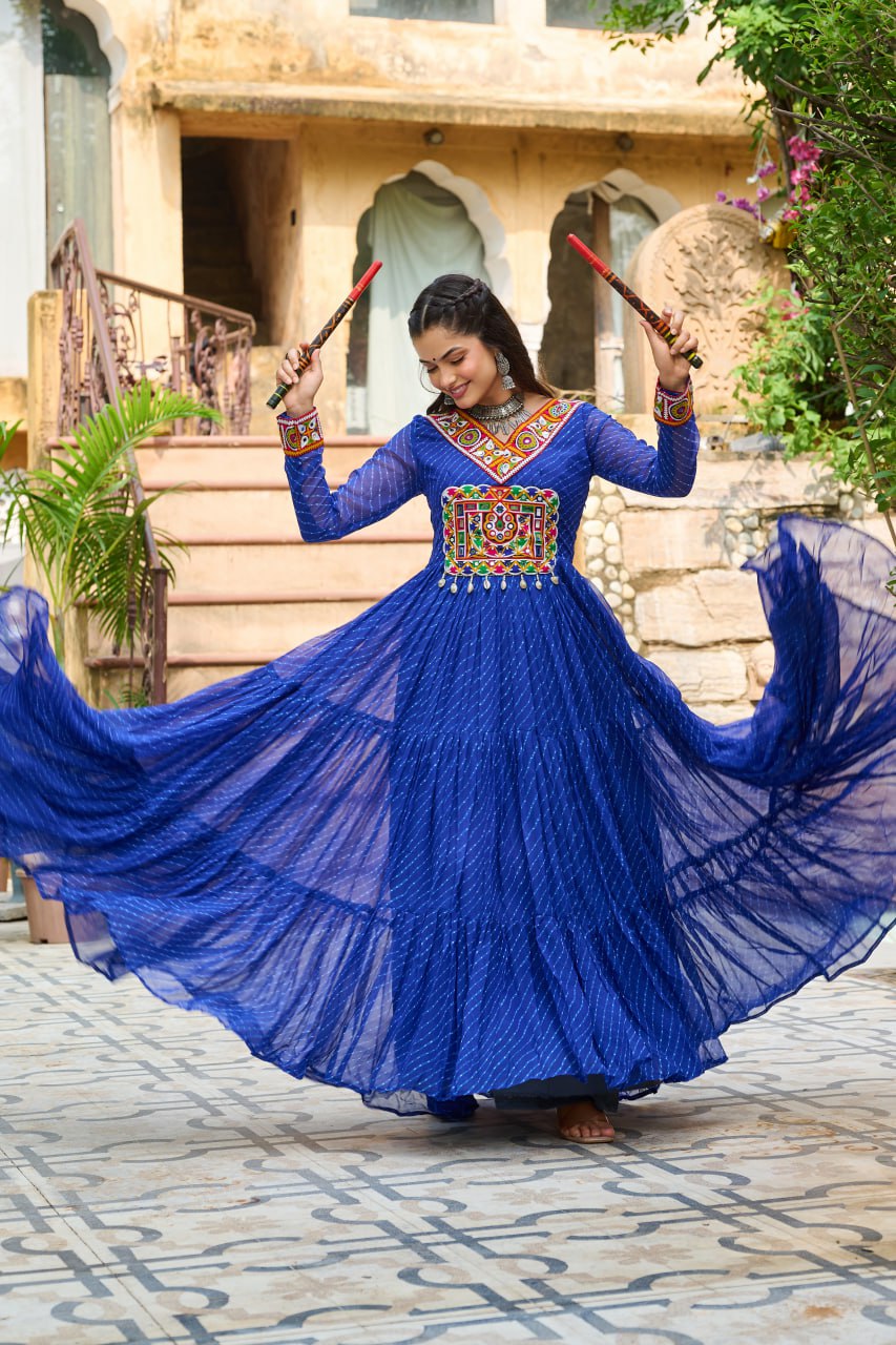 Bandhani Flared Anarkali Dress with Tribal Mirror Embroidery Yoke
