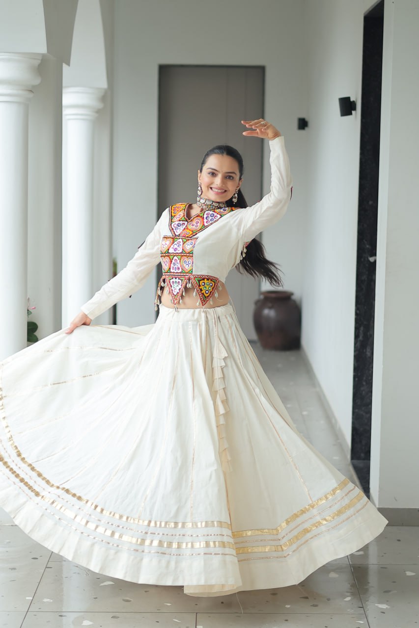 Traditional Mirror Work Chaniya Choli with Flared Skirt and Long Sleeve Blouse