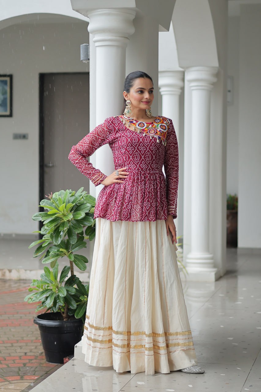 Ajrakh Peplum Top with Embroidered Mirror Yoke & Flared Skirt Set