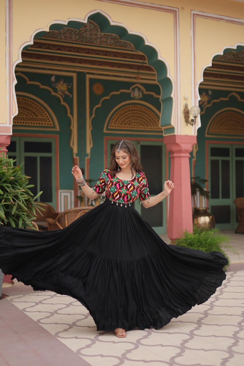 Black Maxi Dress with Vibrant Multicolor Kutchi Embroidered Bodice