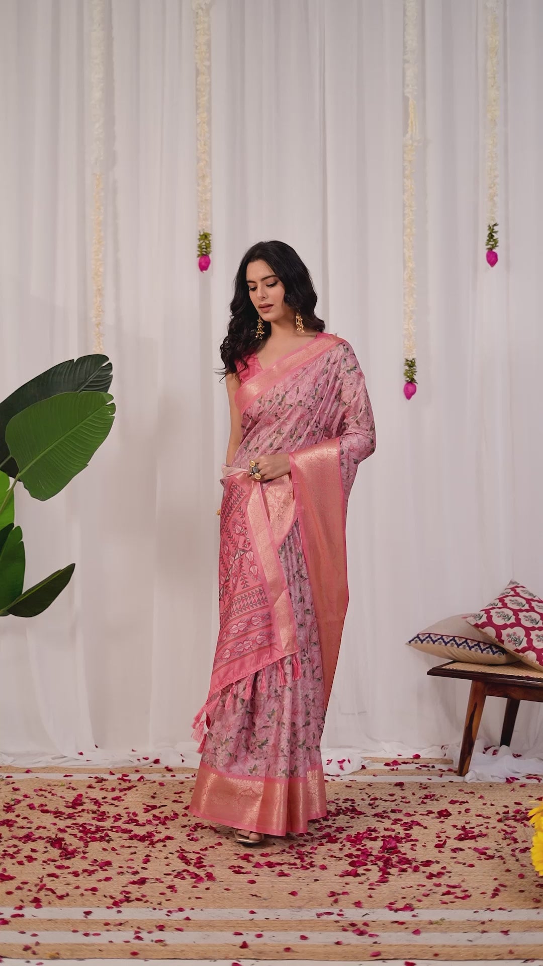 Premium Soft Lichi Silk Saree with a delicate floral print and a rich zari woven border