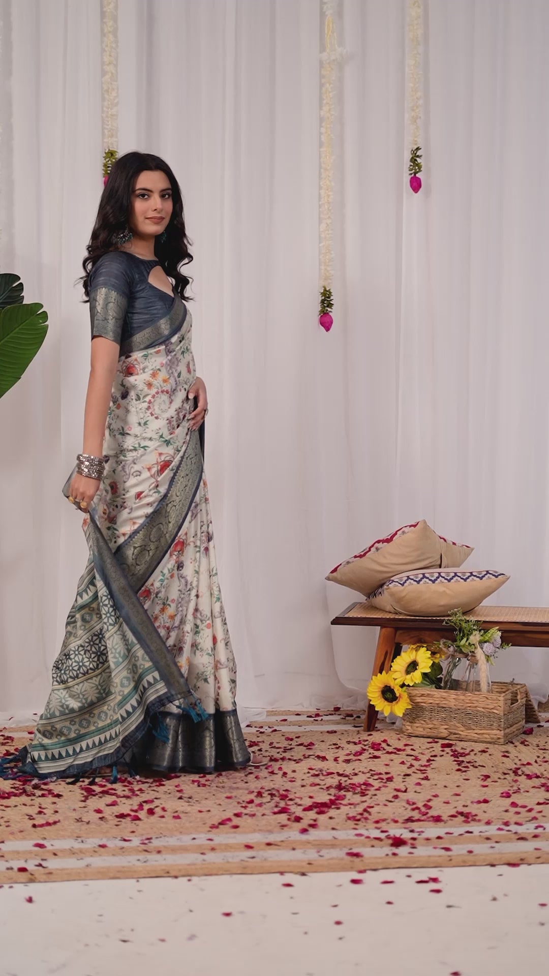 Premium Soft Lichi Silk Saree adorned with vibrant digital floral prints, complemented by a rich