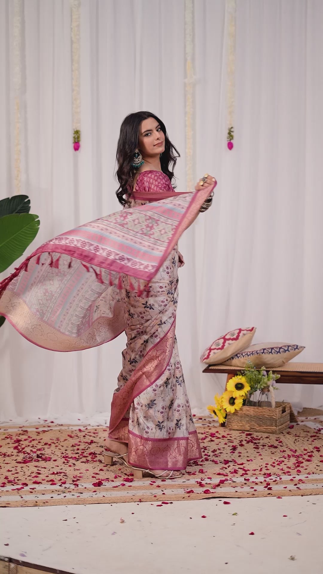 Premium Soft Lichi Silk Saree featuring mesmerizing floral digital prints beautifully enhanced with an elegant contrast zari woven border