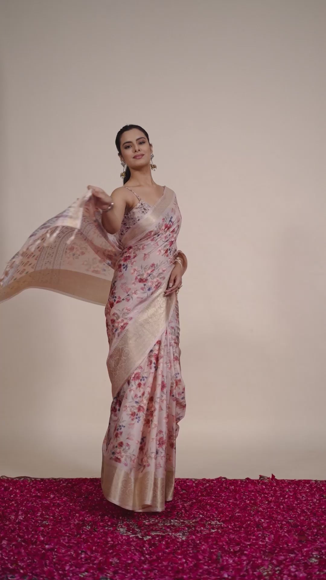 Premium Soft Lichi Silk Saree featuring enchanting floral digital weaving with a rich golden zari border