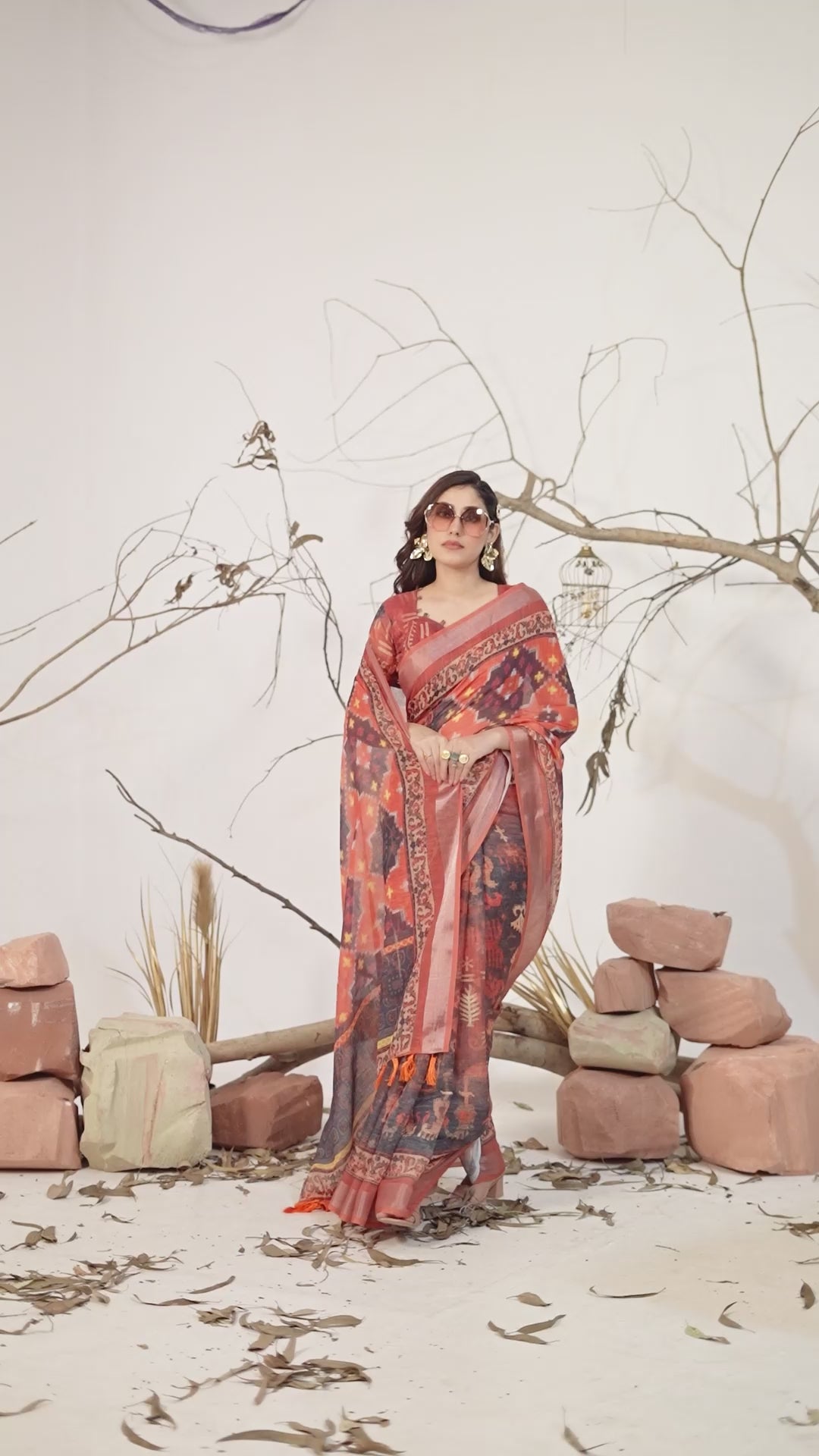 Premium Linen Cotton Saree with Rich Ikat Digital Print & Elegant Patola Style