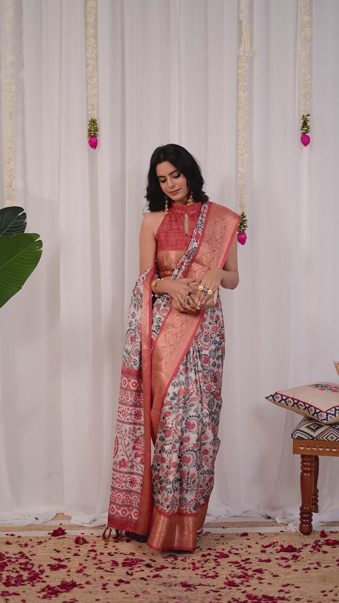 Premium Soft Lichi Silk Saree with elegant Patola-inspired geometric prints beautifully crafted with a luxurious zari woven border