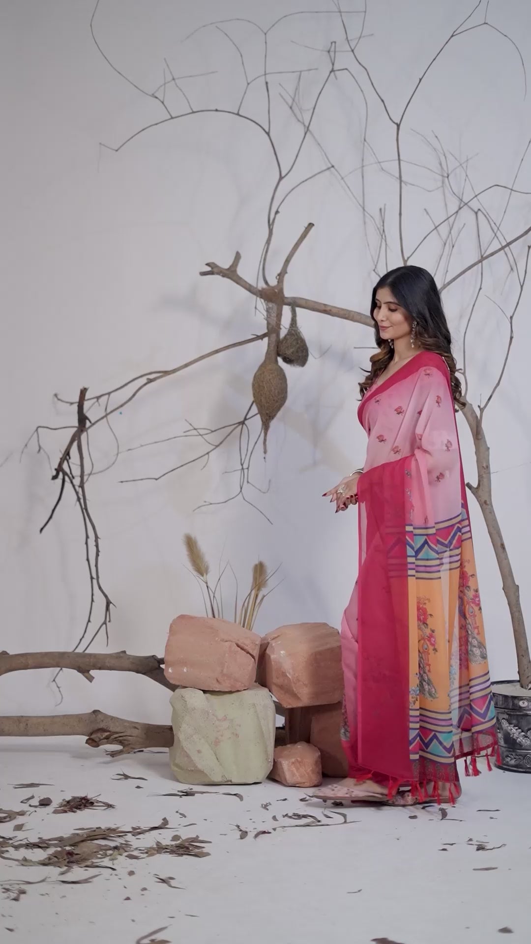 Soft Georgette Saree in Dual Pink Shades Accented with Delicate Floral Digital Print