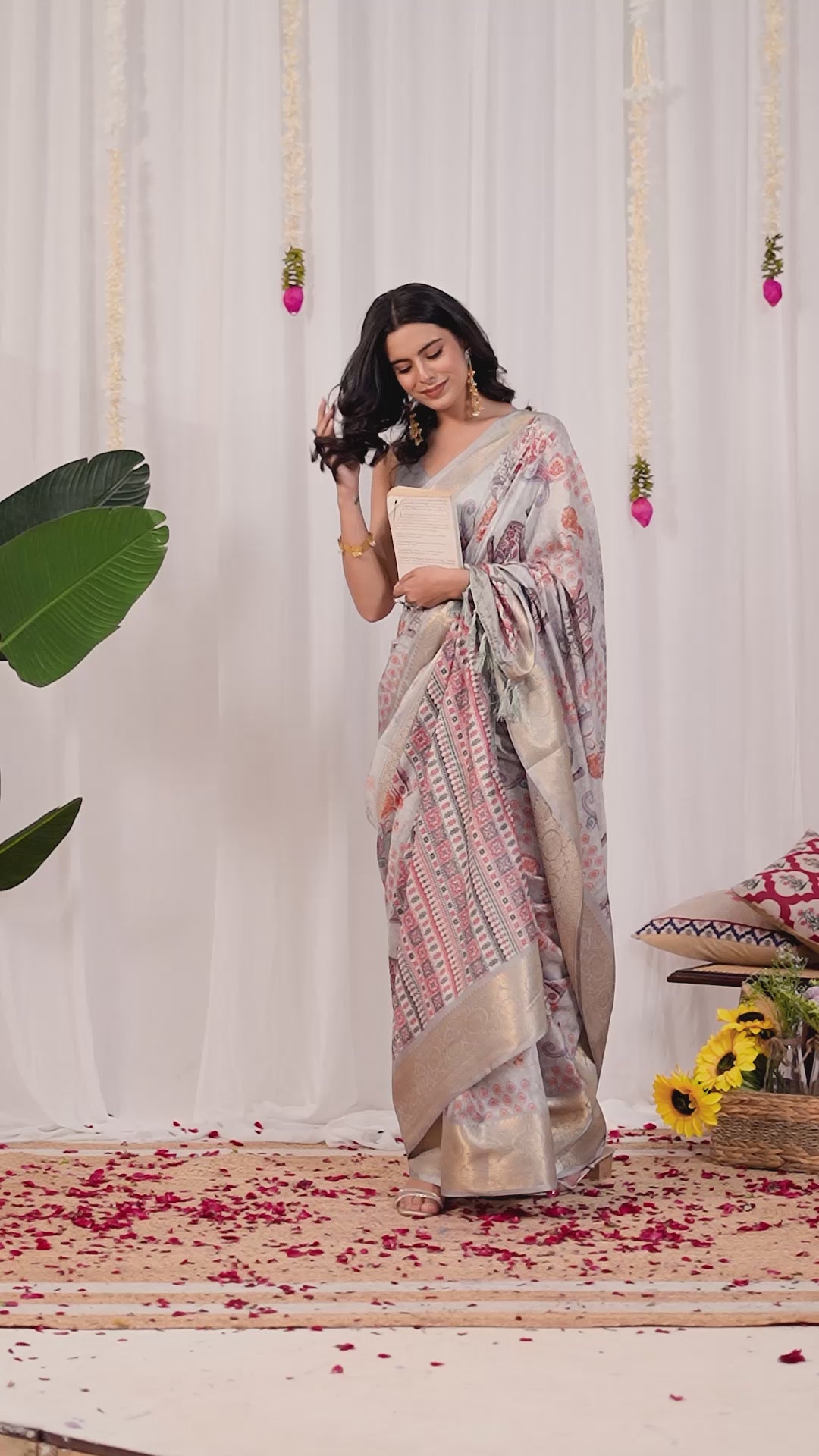 Elegant Soft Lichi Silk Saree featuring royal ethnic motifs with a lavish golden zari woven border