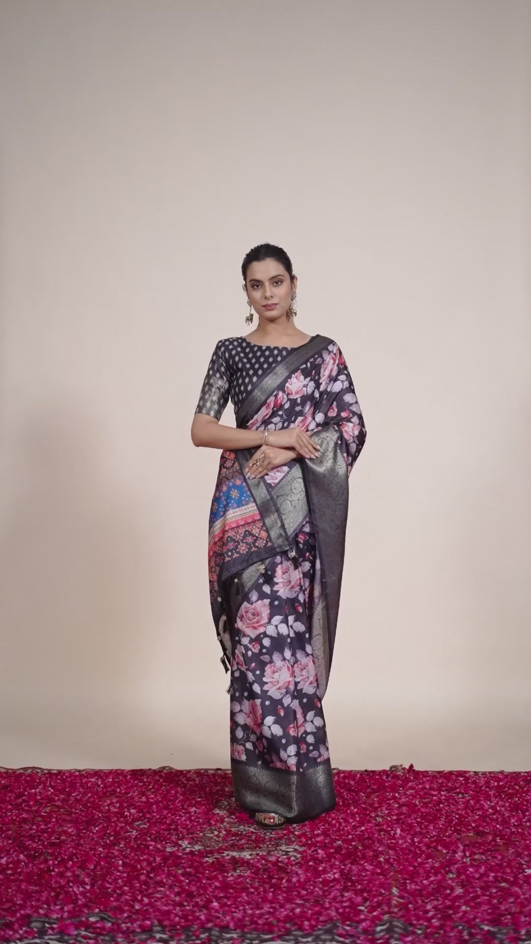 Premium Soft Lichi Silk Saree in Rich Black Tone, adorned with Artistic Floral Prints and a Vibrant Traditional Multicolor Pallu
