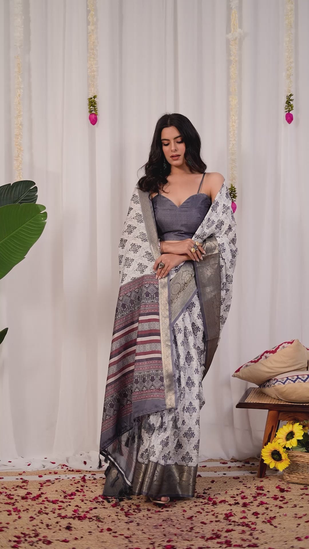 Premium Soft Lichi Silk Saree in Elegant White Base featuring intricate black ethnic motifs
