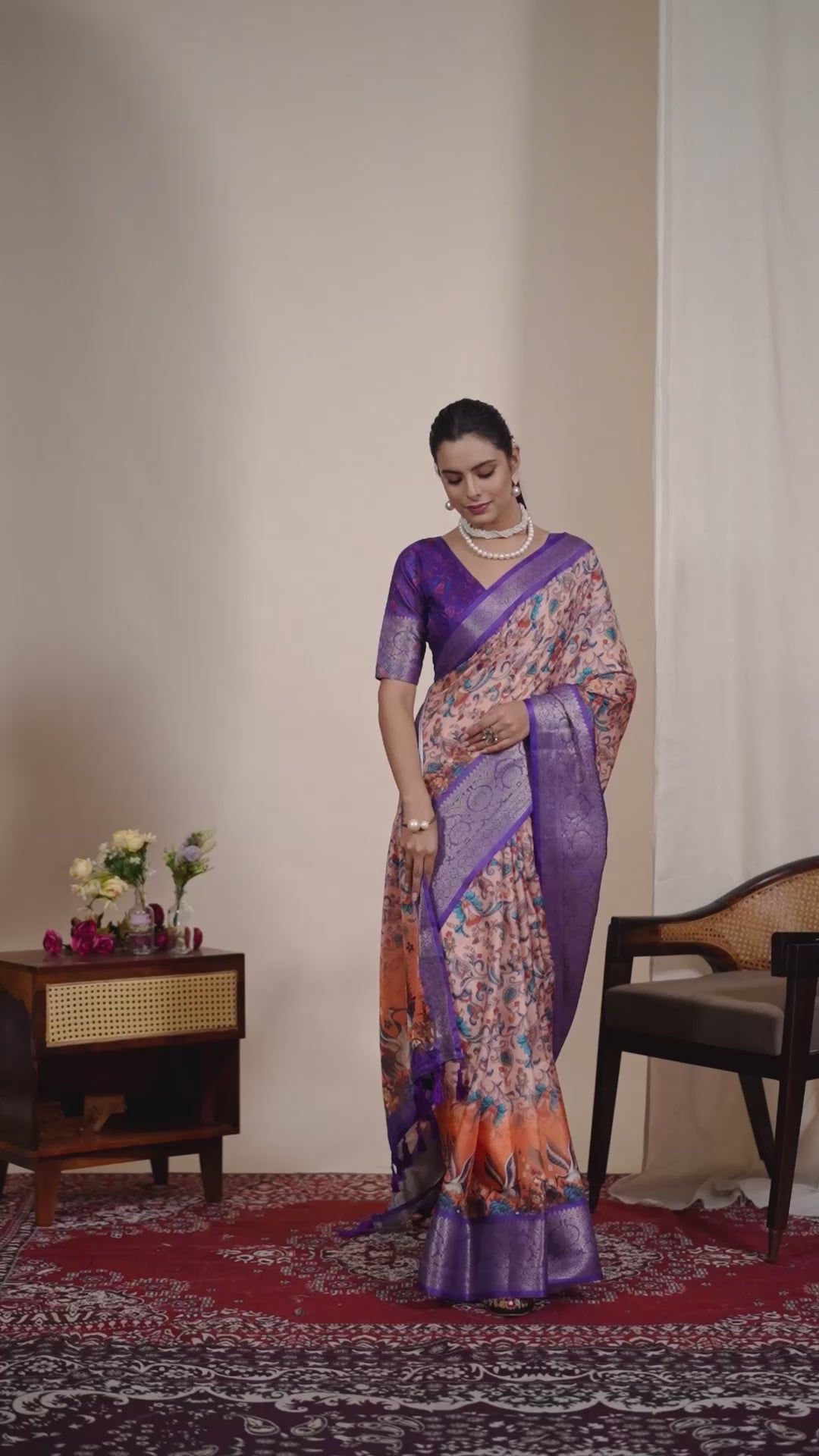Elegant Soft Lichi Silk Saree featuring exquisite digital ethnic motifs and a royal purple golden zari border