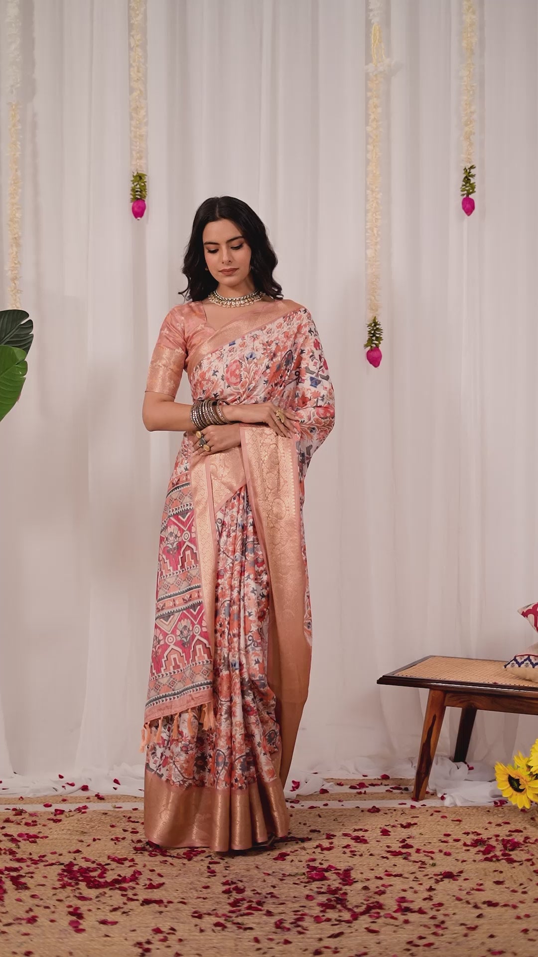 Premium Soft Lichi Silk Saree adorned with intricate floral digital weaving and luxurious golden zari border