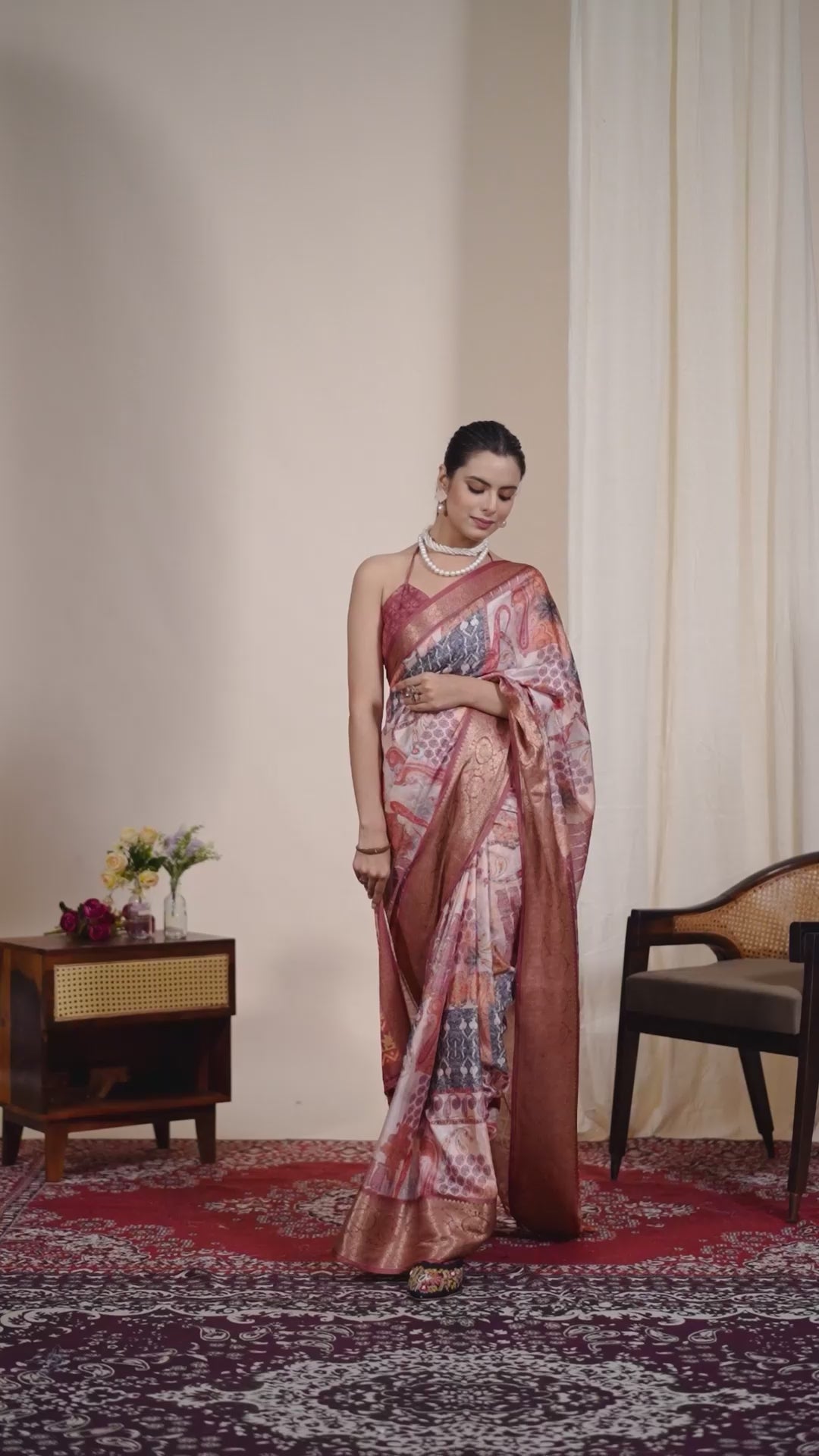 Premium Soft Lichi Silk Saree in an Elegant Peach & Multicolor Shade, beautifully adorned with Traditional and Artistic Digital Prints