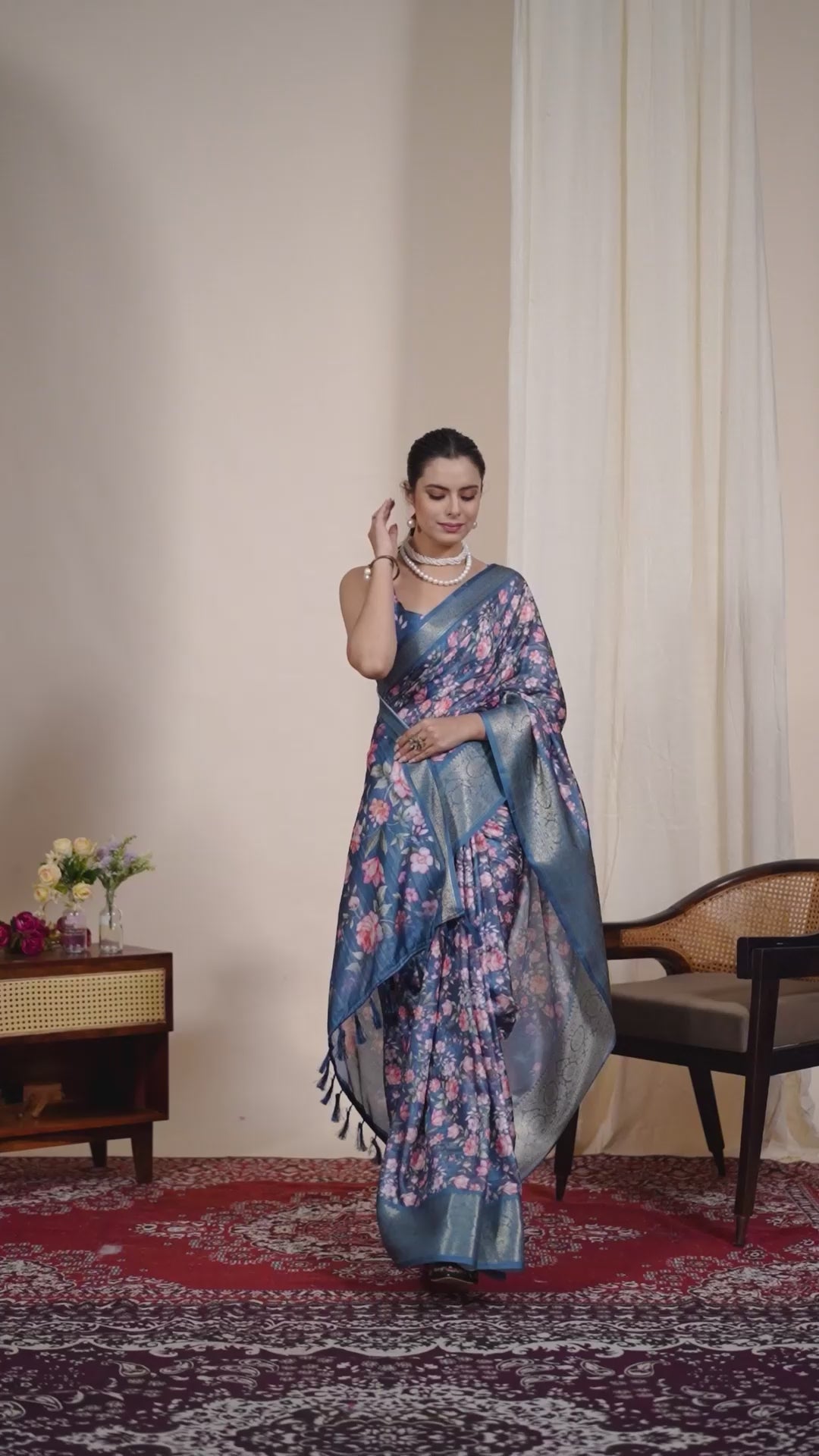 Gorgeous Soft Lichi Silk Saree in Deep Teal Blue, adorned with Romantic Rose Floral Digital Prints