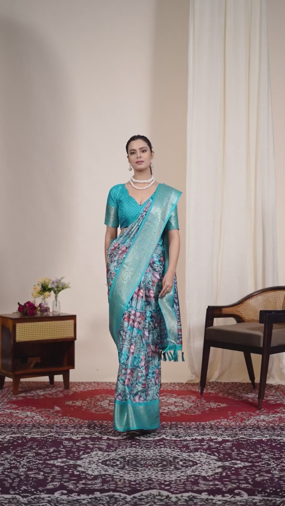 Premium Soft Lichi Silk Saree in Elegant Sea Green Shade, adorned with Artistic Abstract