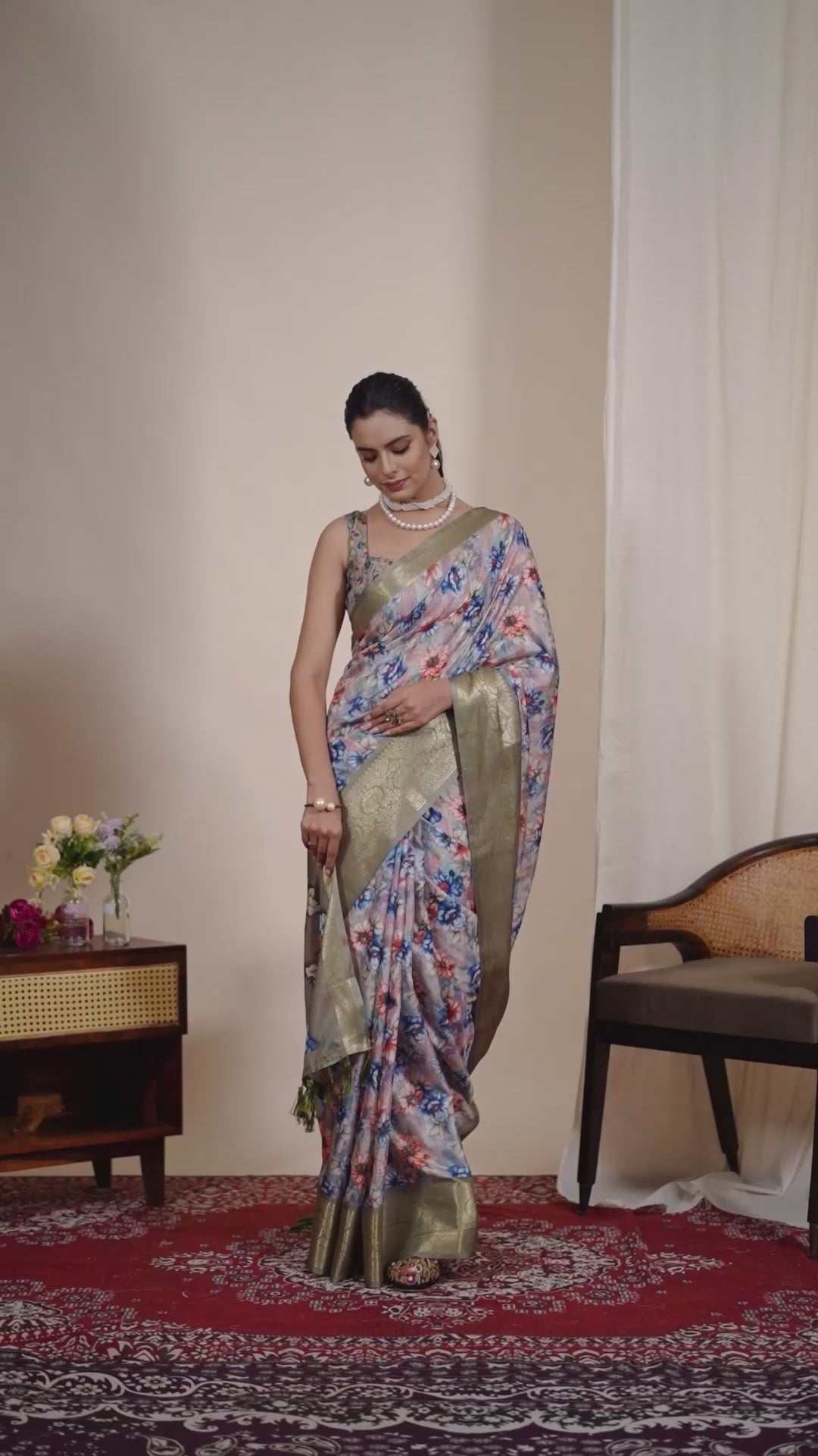 Elegant Soft Lichi Silk Saree adorned with mesmerizing digital floral patterns