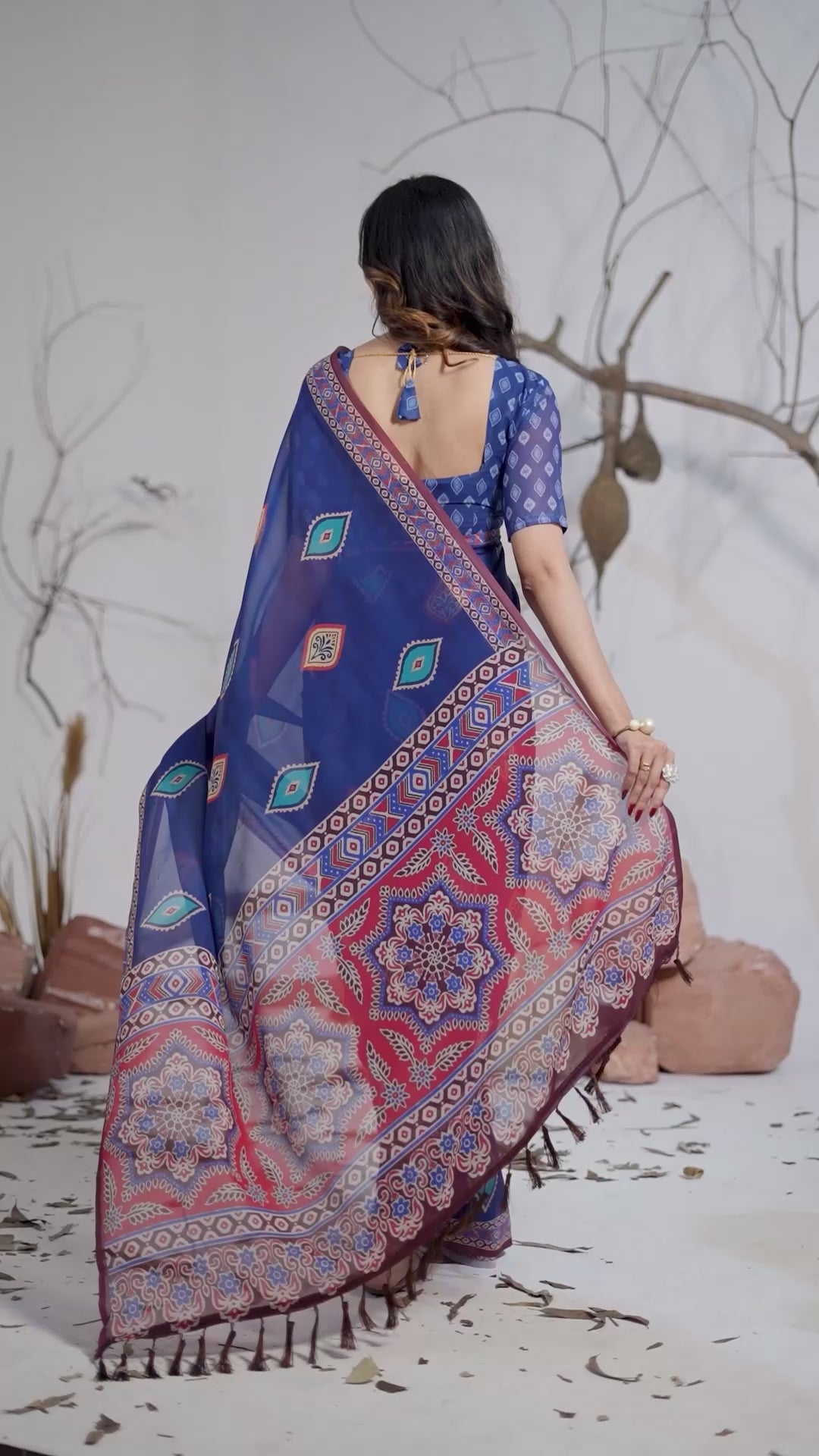 Elegant Soft Georgette Saree in Royal Blue with Contemporary Geometric Digital Prints & Intricate Border Detailing