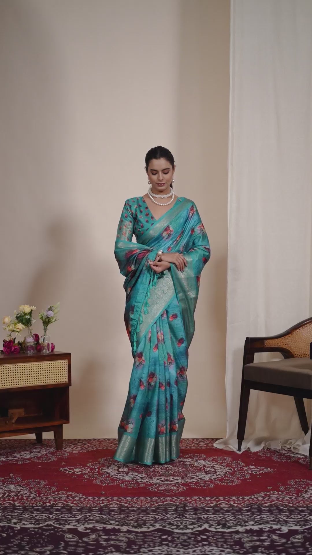 Elegant Soft Lichi Silk Saree adorned with digital floral patterns and a rich golden zari border