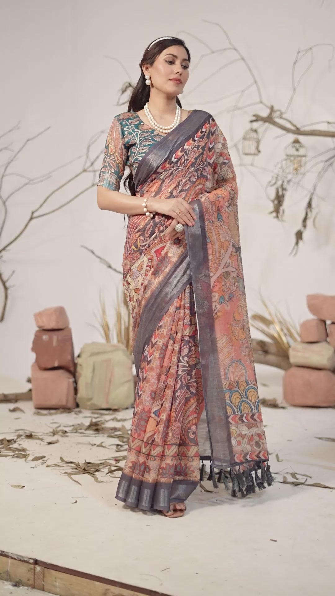 Premium Linen Cotton Saree with Elegant Digital Floral & Royal Ethnic Print & Classic Contrast Patola Style Borde