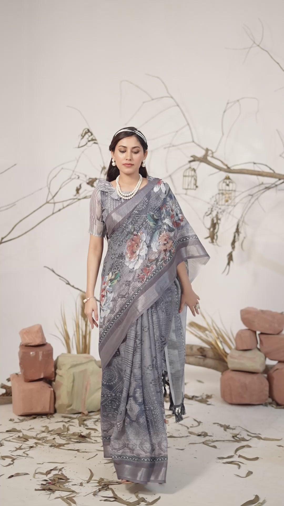 Premium Linen Cotton Saree with Elegant Digital Floral & Royal Ethnic Print & Classic Contrast Patola Style Border