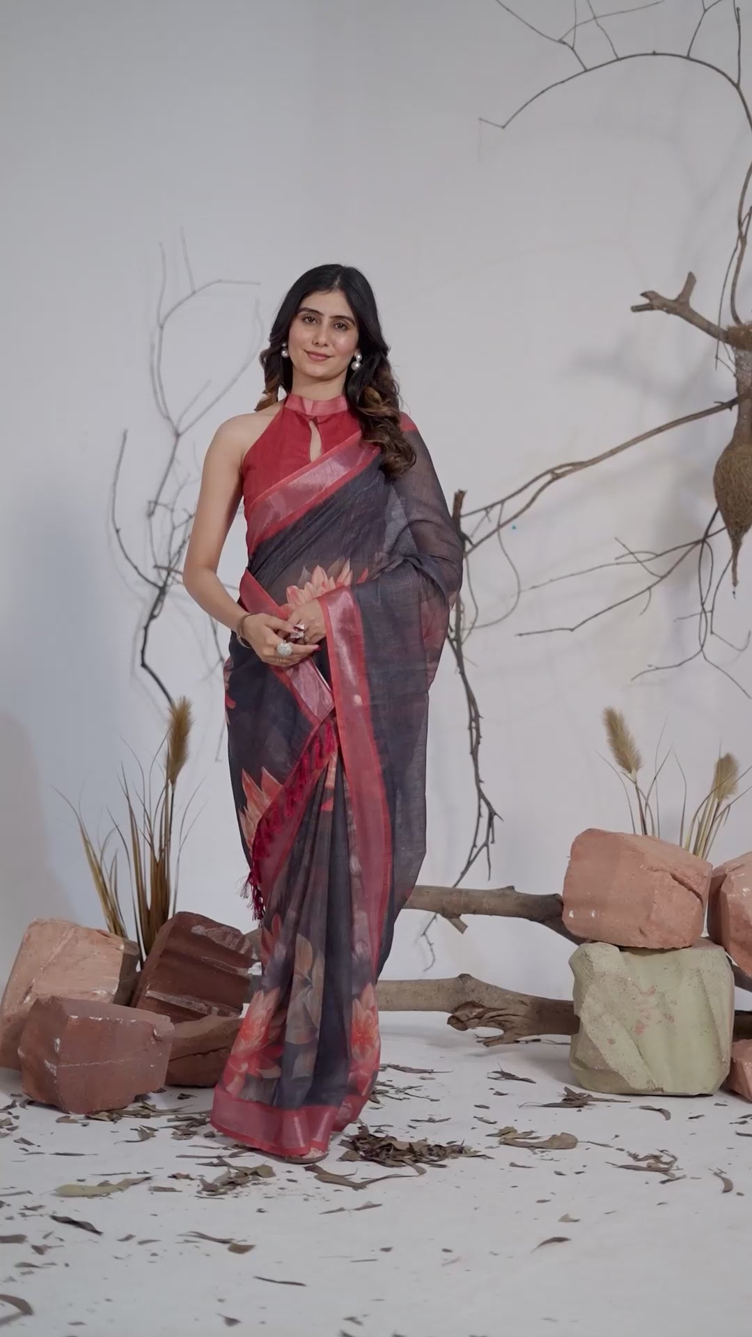 Premium Linen Cotton Saree with Artistic Dark Shade Floral Digital Print & Elegant Rust Red Border with Tassel Detailing