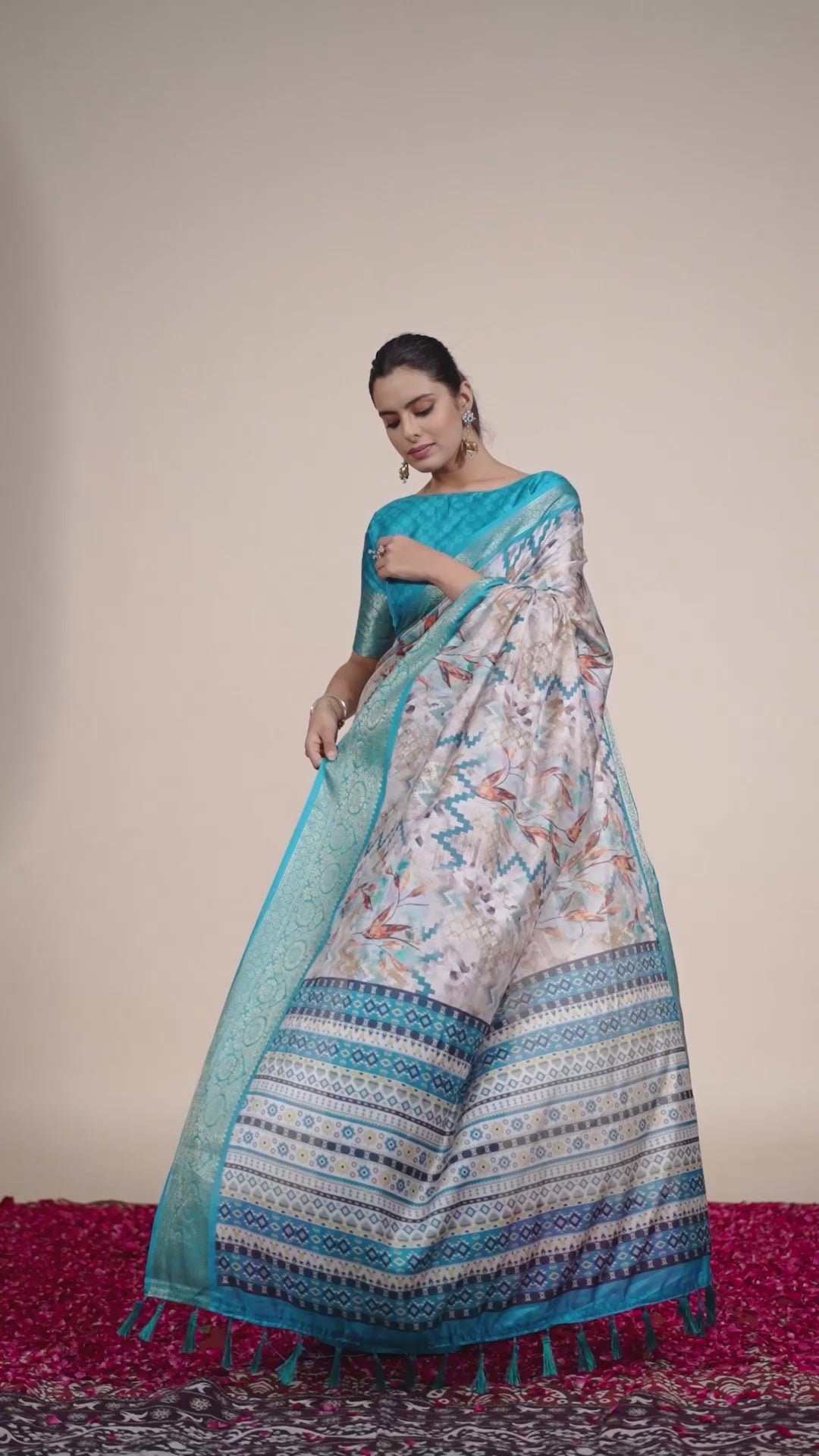 Soft Lichi Silk Saree featuring an Exquisite Combination of Modern Digital Print and Rich Traditional Zari Woven Border