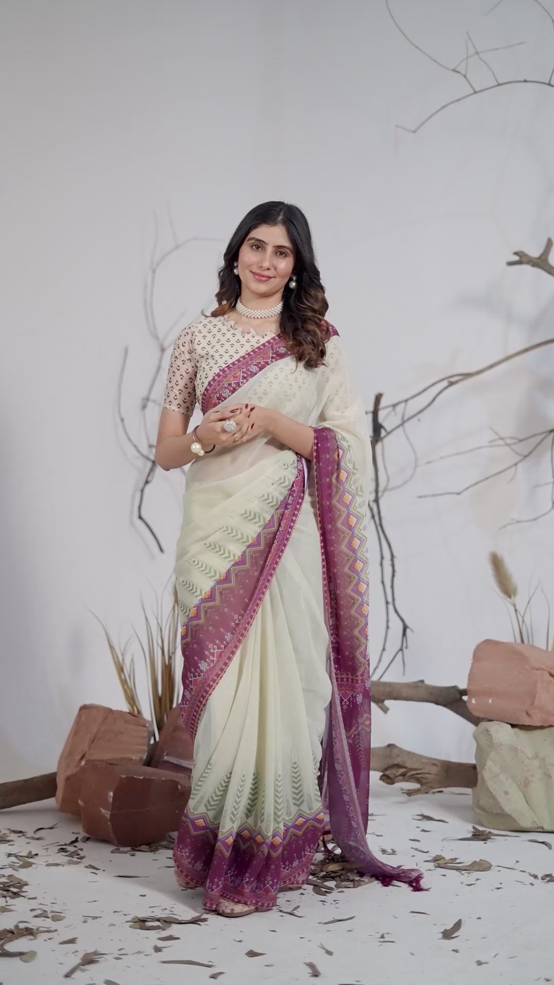 Soft Georgette Saree with Artistic Cream body and Deep Pink Geometric Digital Print border and pallu with Tassel Detailing