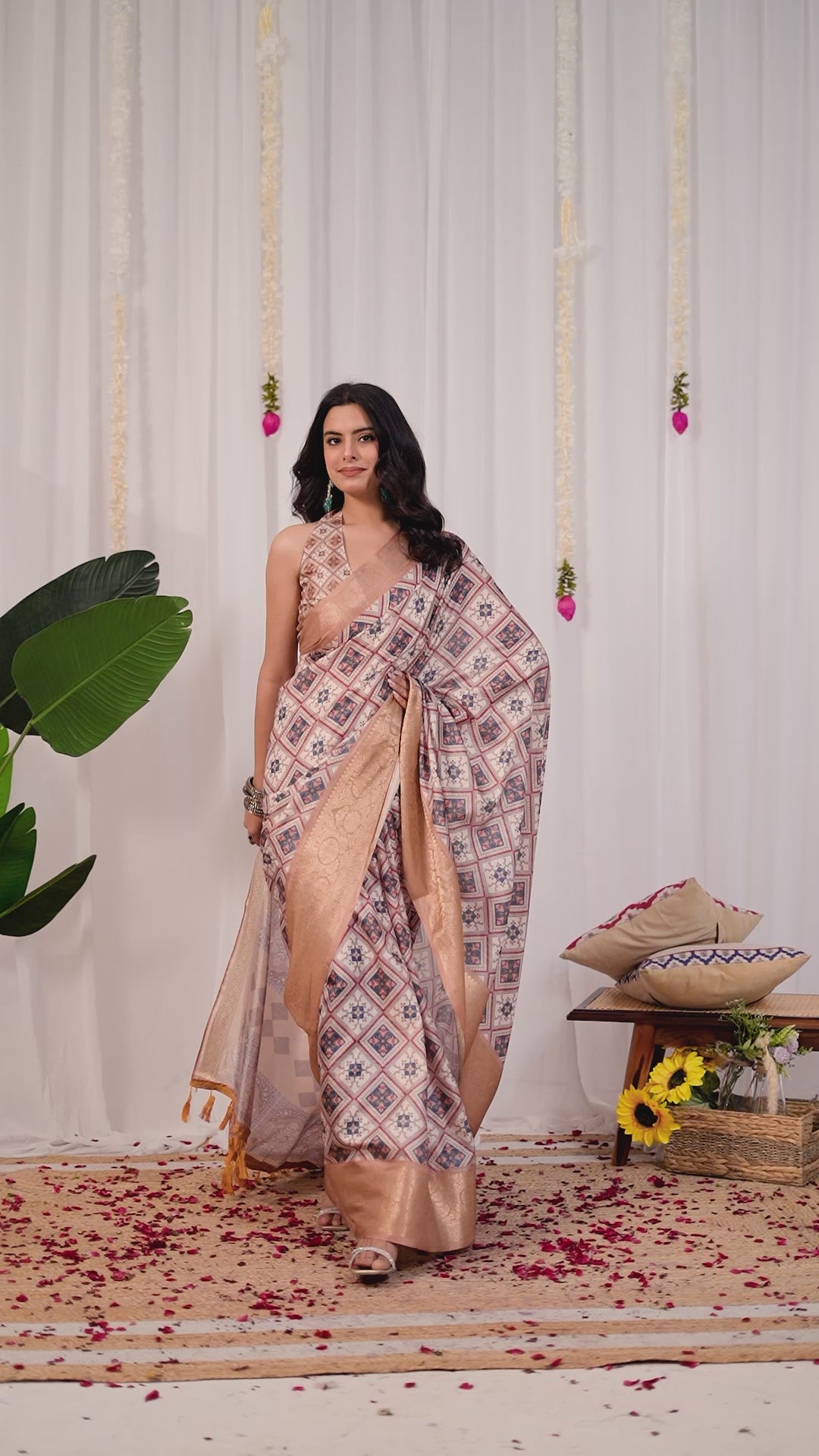 Premium Soft Lichi Silk Saree featuring elegant traditional geometric patterns, beautifully enhanced with a luxurious golden zari woven border