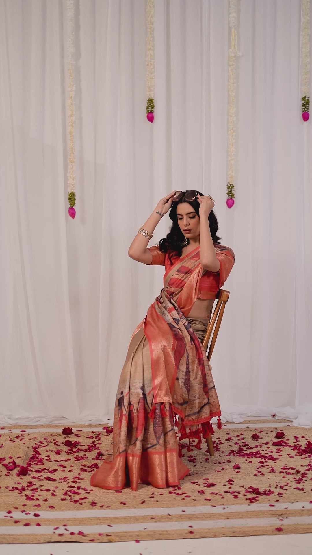 Soft Lichi Silk Saree with Elegant Tribal Art Print and Rich Zari Border