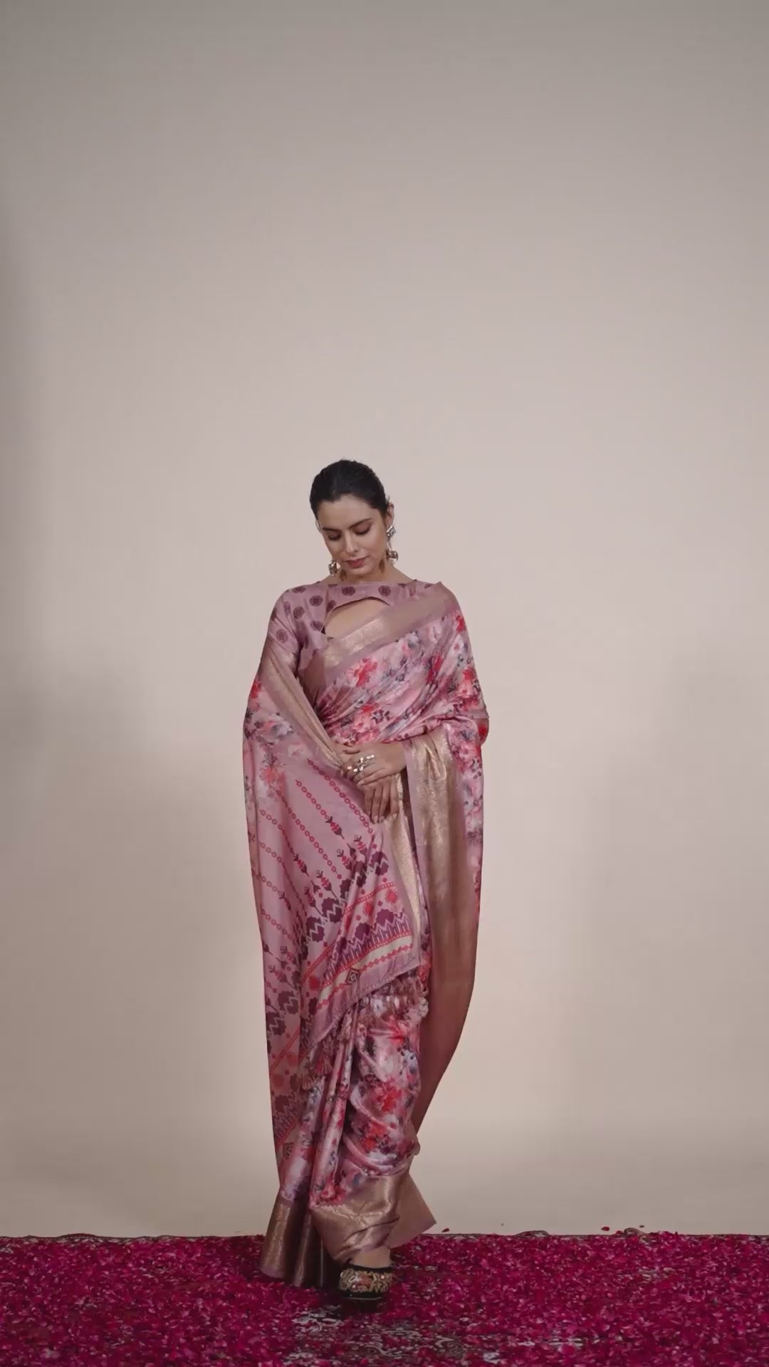 Gorgeous Soft Lichi Silk Saree with enchanting digital floral prints and a rich golden zari border