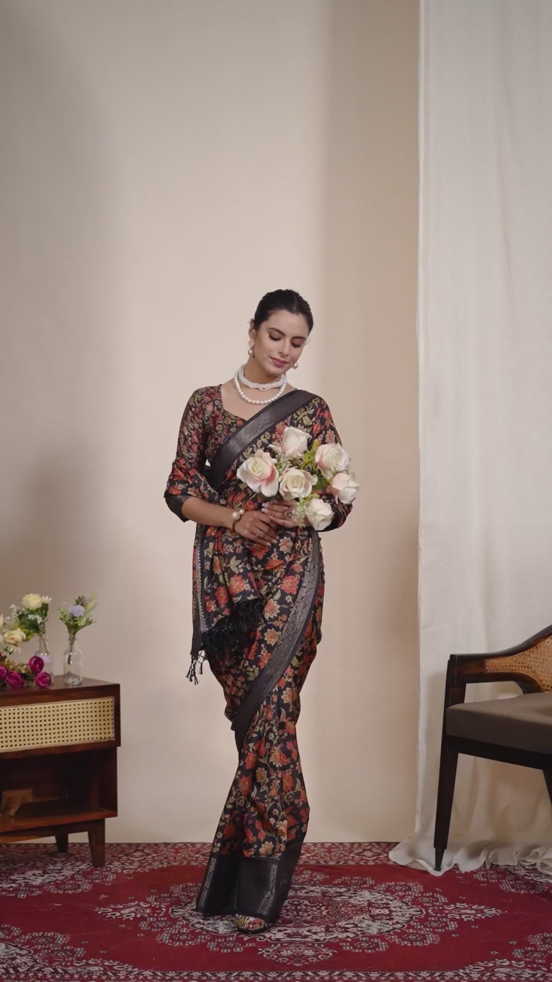 Exquisite Soft Lichi Silk Saree featuring stunning digital floral motifs on a rich black base