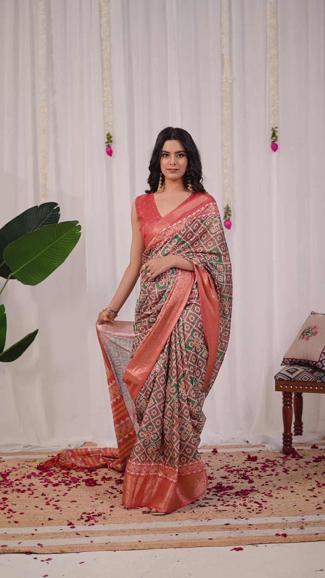 Soft Lichi Silk Saree with Exquisite Patola-Inspired Geometric Print and a Lavish Zari Woven Border