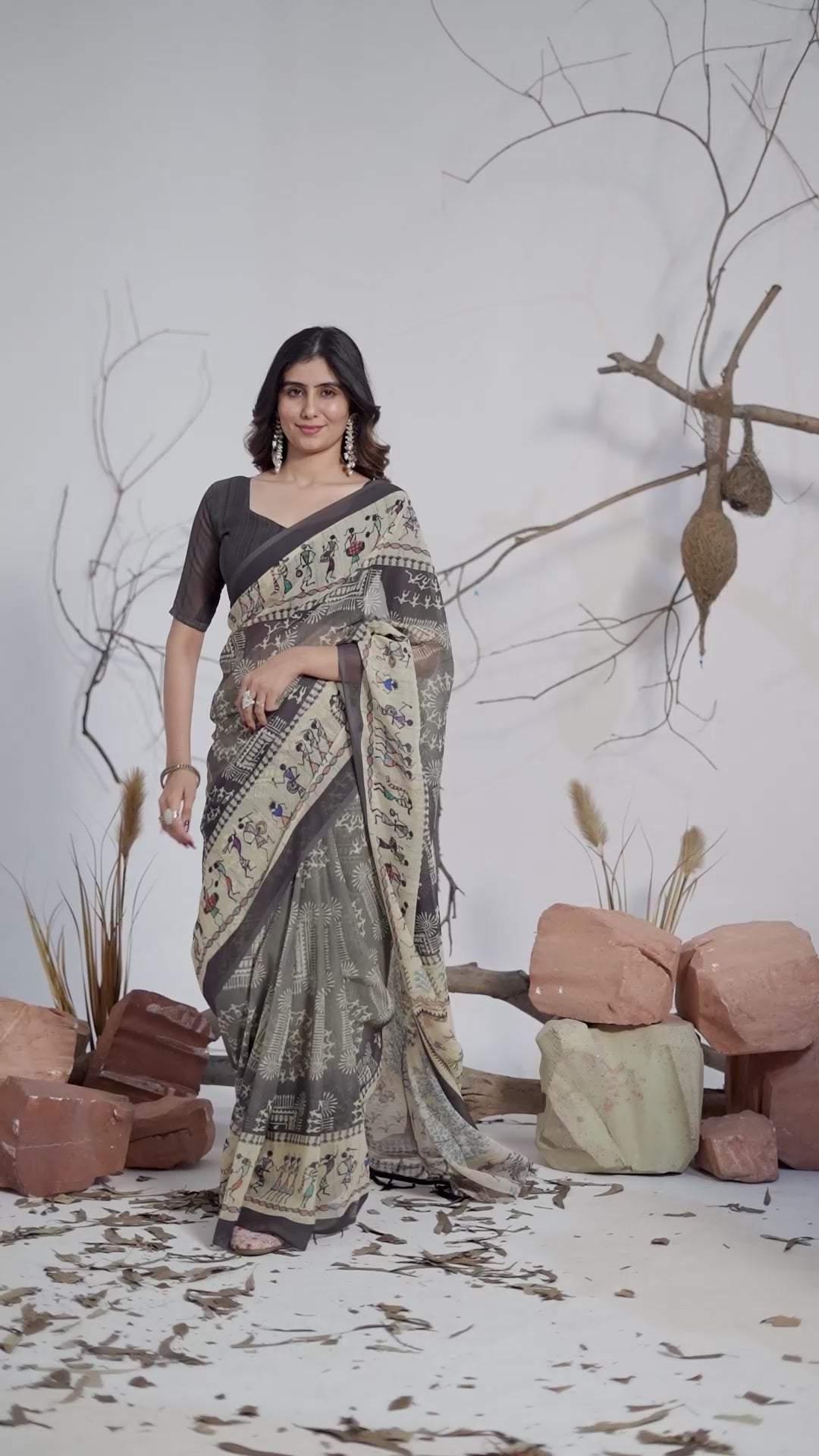 Soft Georgette Saree in Olive Green with Traditional Tribal Warli-Inspired Digital Prints and Rich Beige Panels