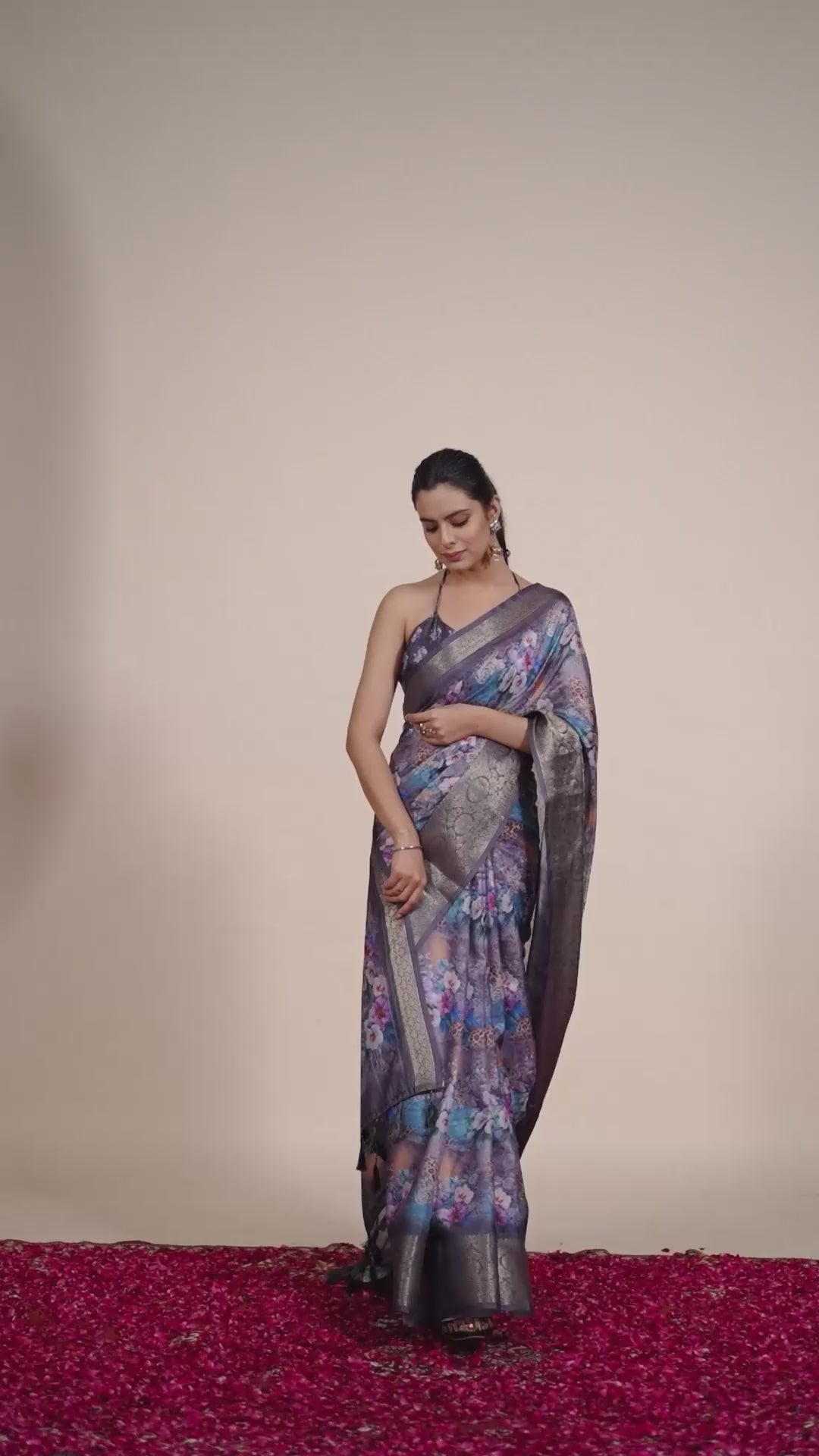 Gorgeous Soft Lichi Silk Saree featuring enchanting digital floral prints on a rich smoky grey base with an intricate golden zari border