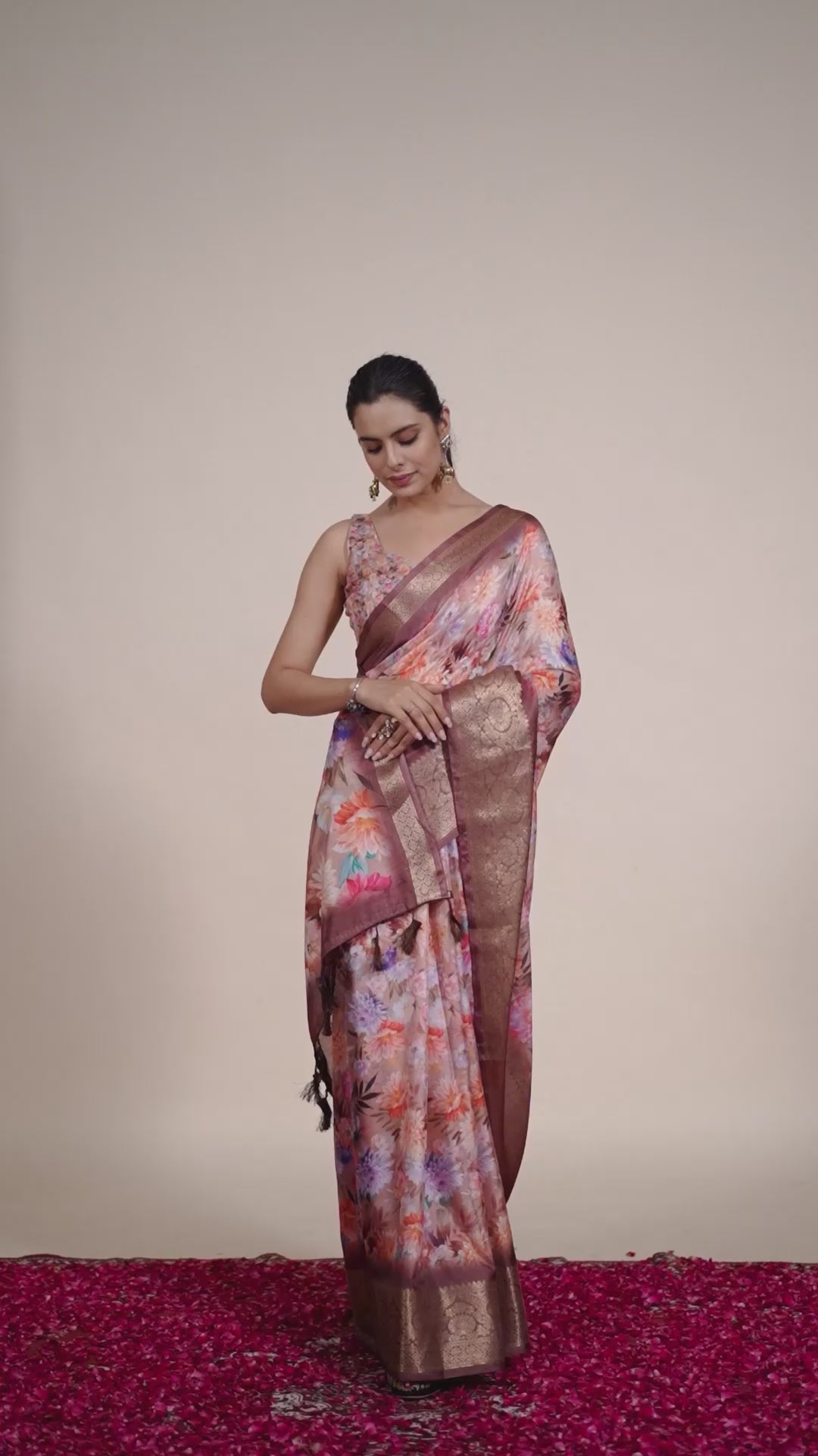 Elegant Soft Lichi Silk Saree featuring mesmerizing digital floral patterns and a rich golden zari border