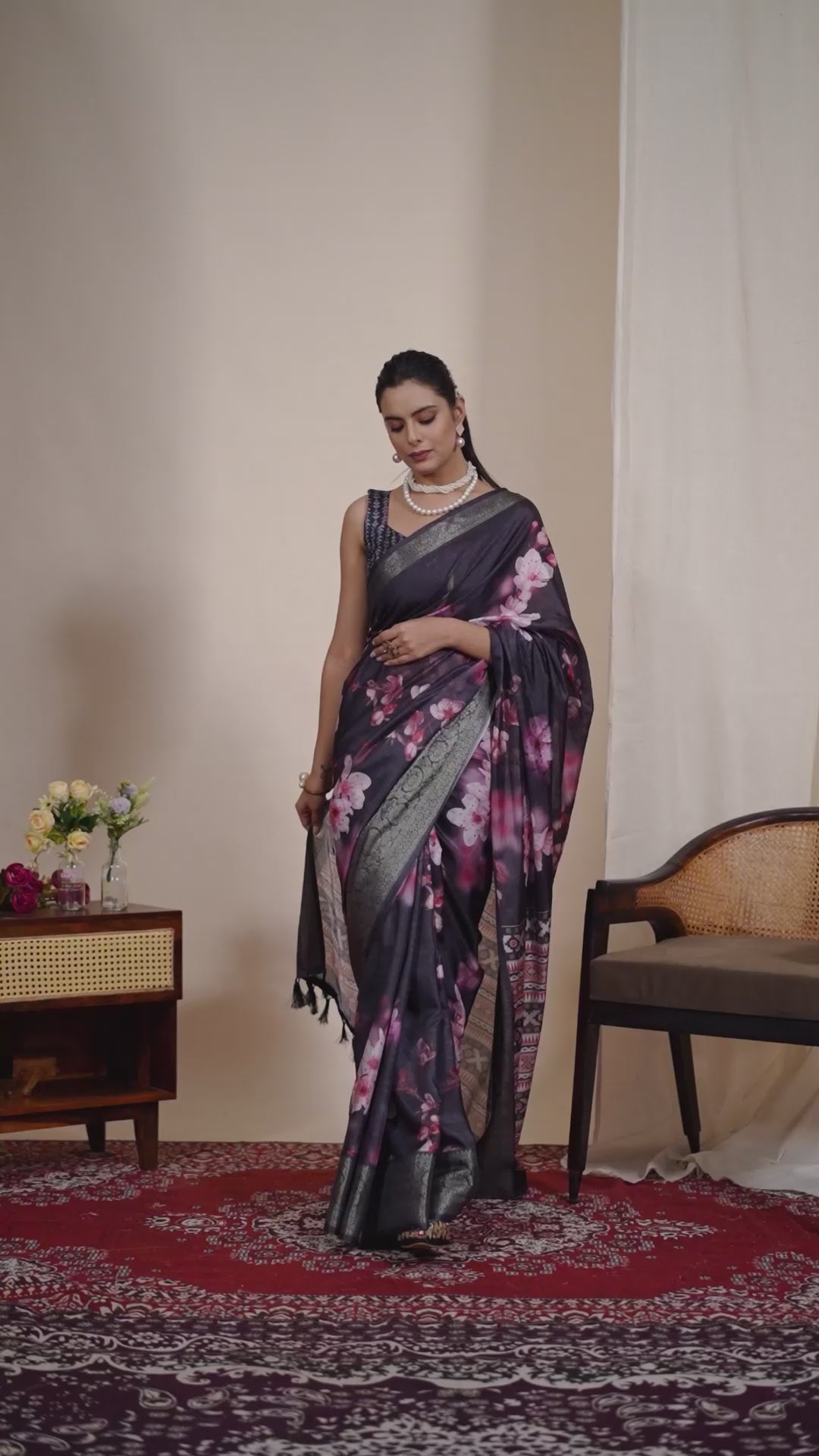 Stunning Soft Lichi Silk Saree featuring digital floral artistry on a deep elegant base with a rich golden zari border