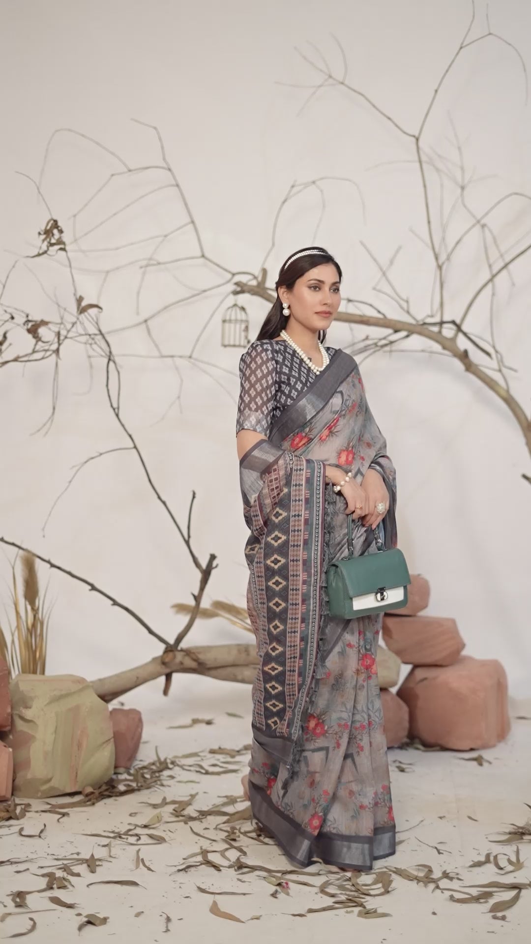 Premium Linen Cotton Saree with Elegant Digital Floral & Royal Ethnic Print