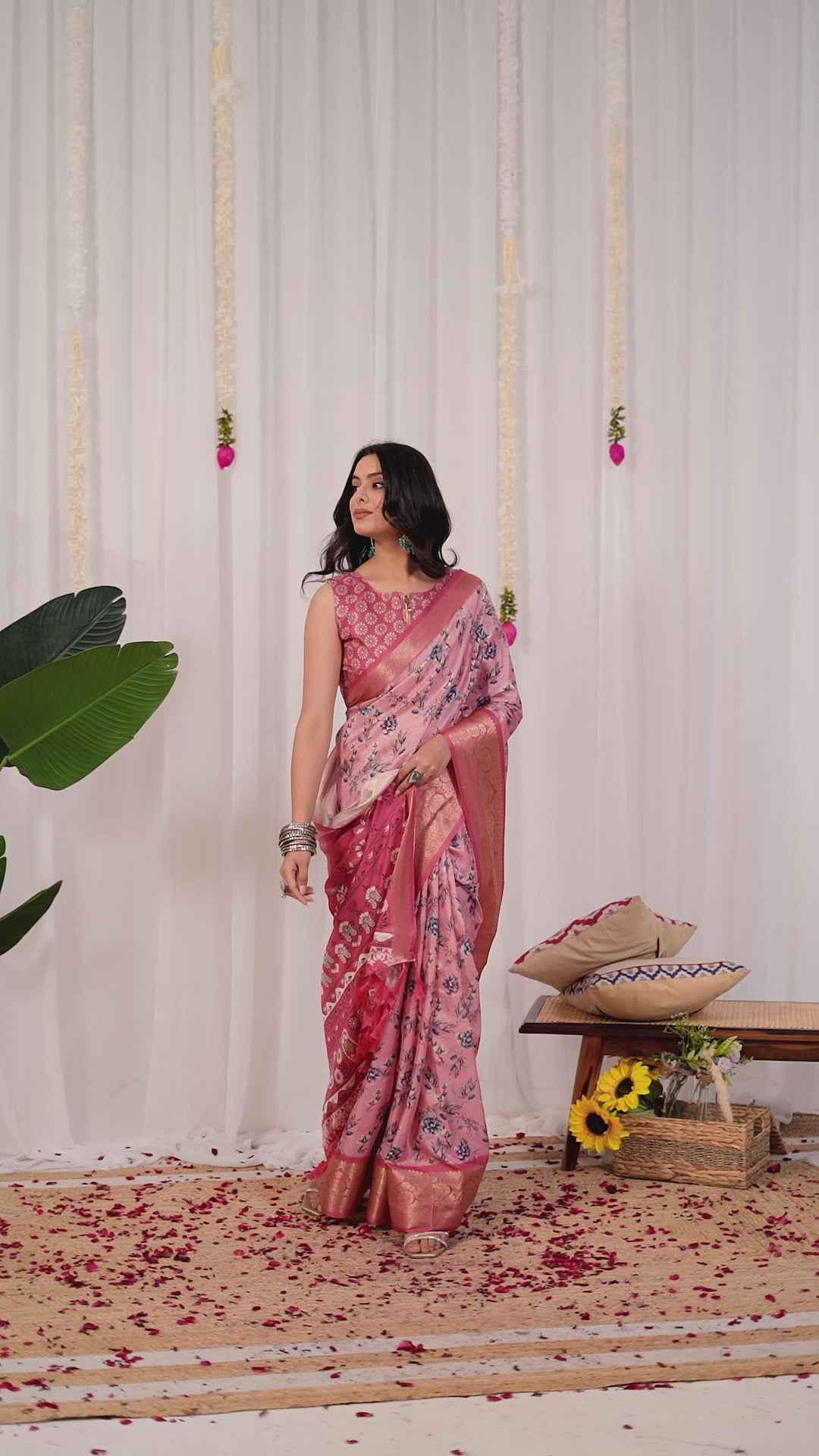 Soft Lichi Silk Saree in Blush Pink Tone, adorned with delicate all-over floral digital prints and complemented by a rich woven zari border