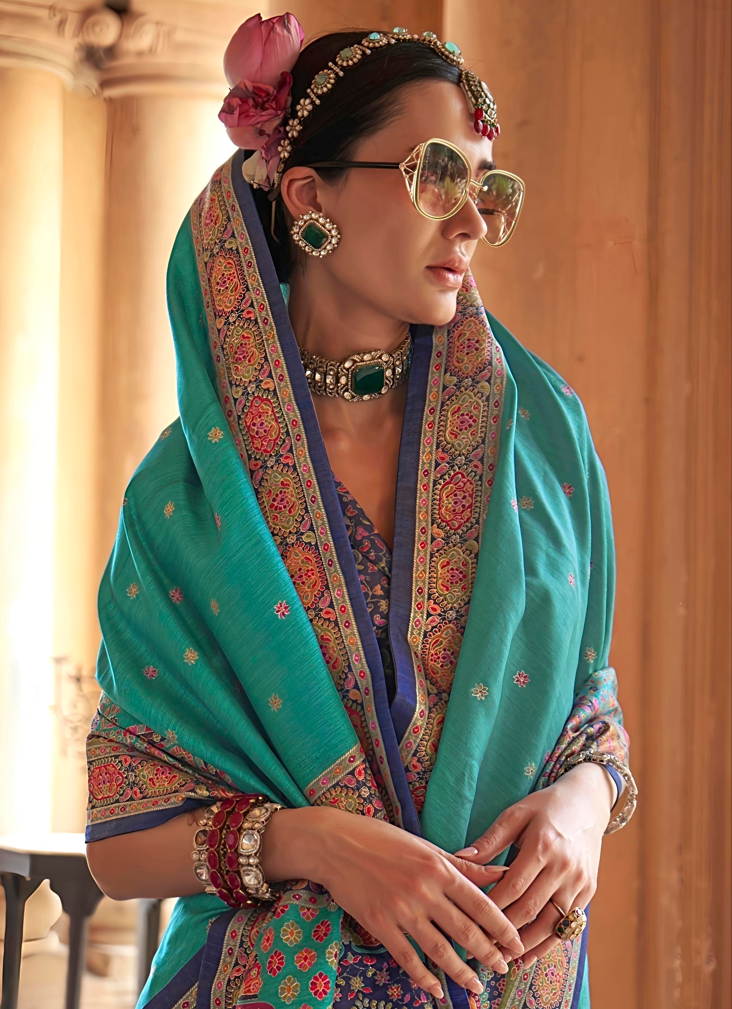 Elegant Teal Patola Printed Saree with Contrast Designer Blouse