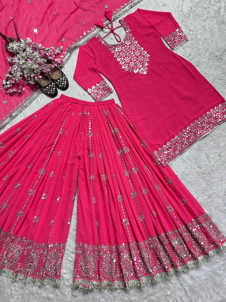 New Designer Party Wear Look Top-Plazzo and Dupatta With Heavy Embroidery Work