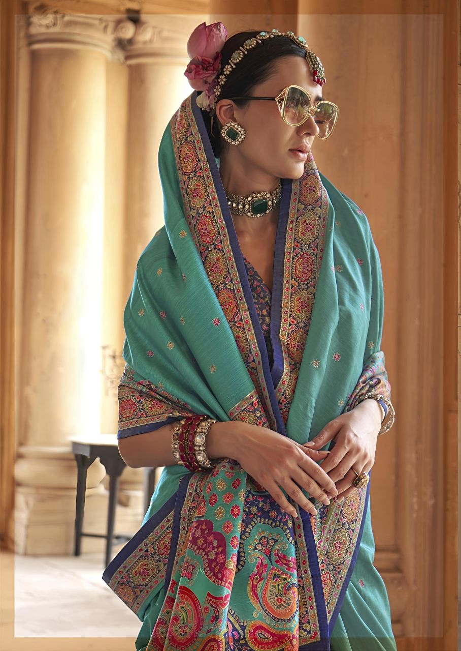 Elegant Teal Patola Printed Saree with Contrast Designer Blouse