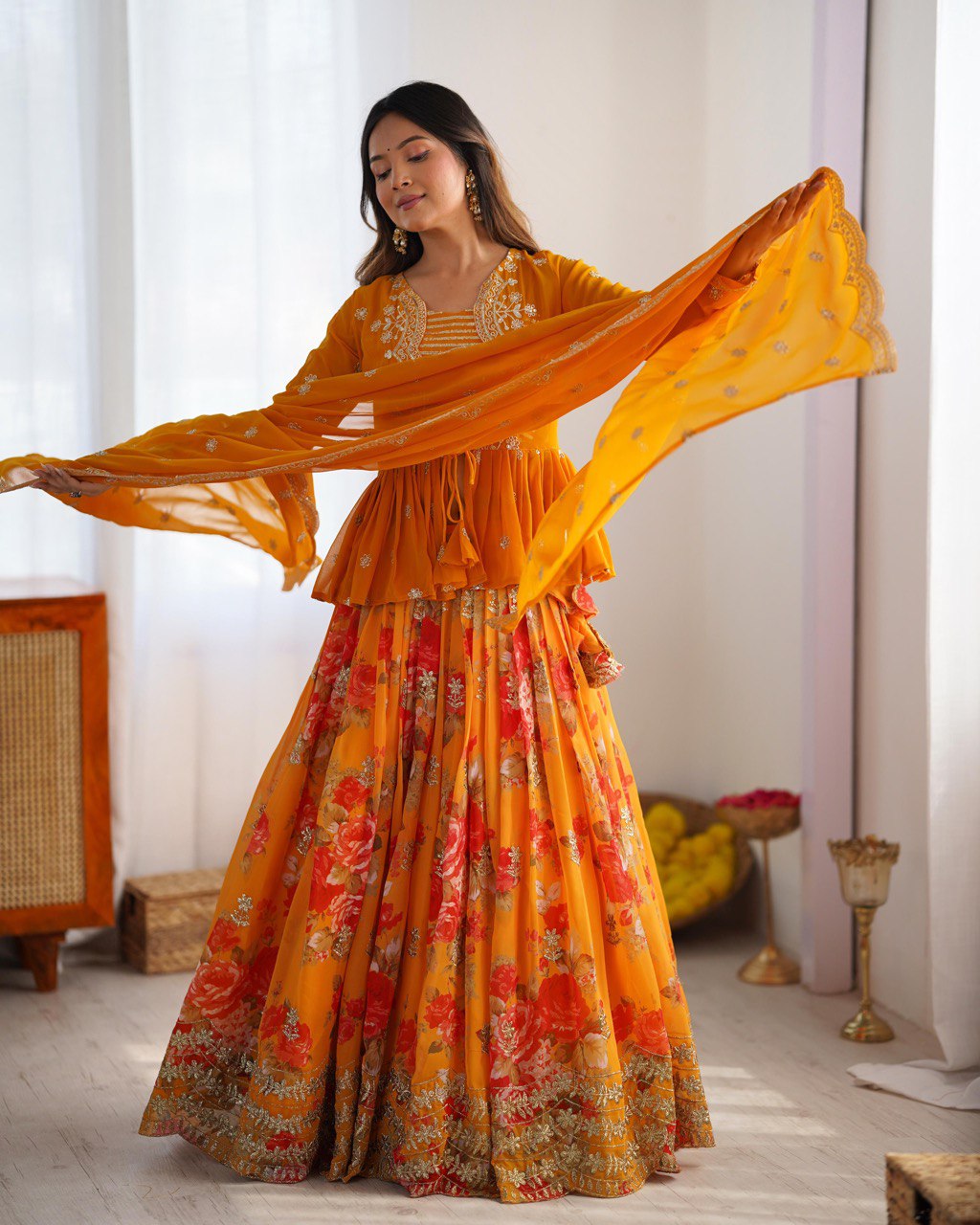 Designer Yellow Peplum Top & Floral Skirt Set - Festive & Occasion Wear