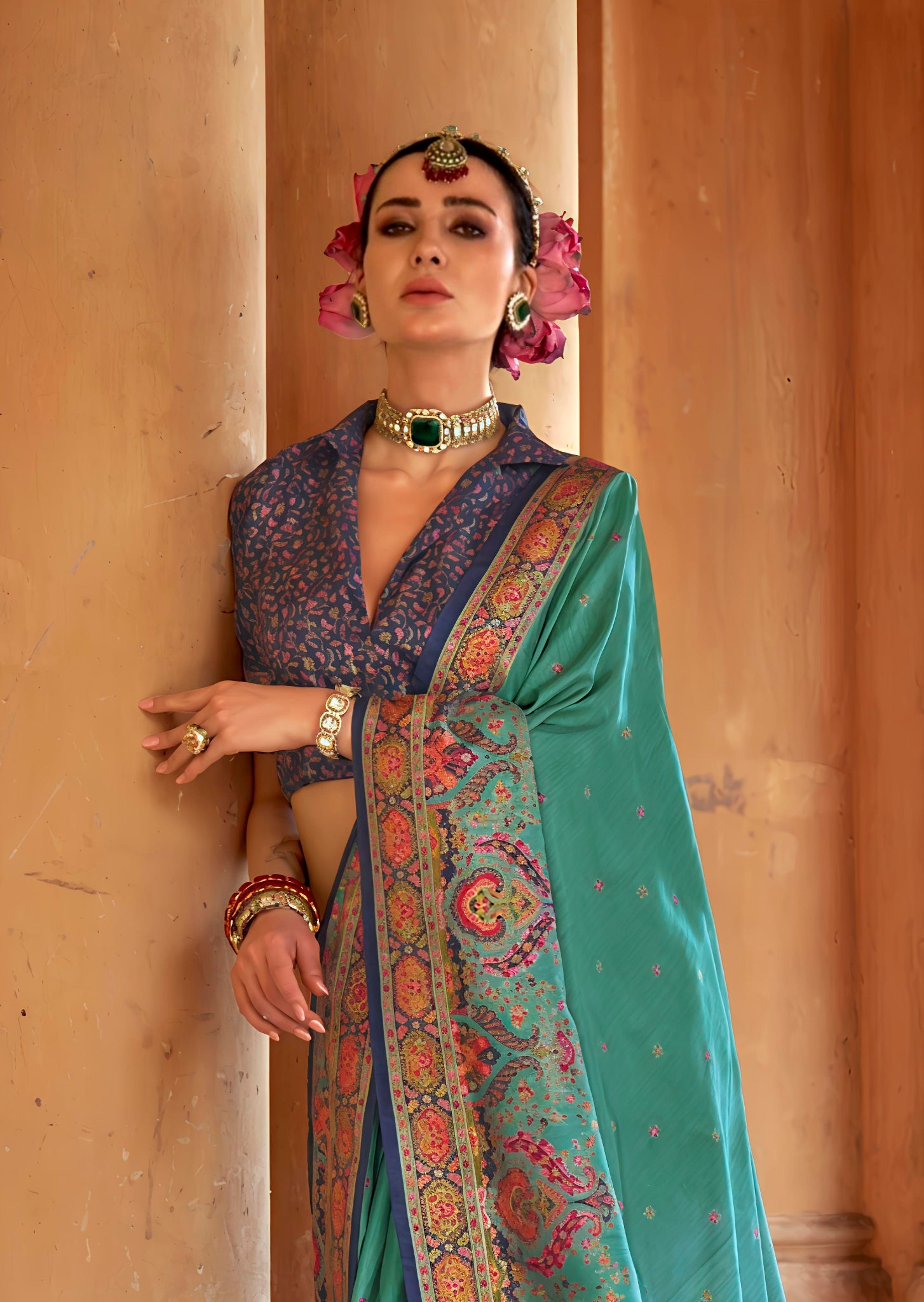 Elegant Teal Patola Printed Saree with Contrast Designer Blouse